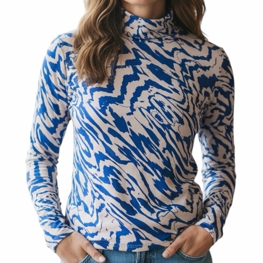 Solace London Blue/Cream Stretch Satin Abstract "Kimmie"Turtleneck Top 4